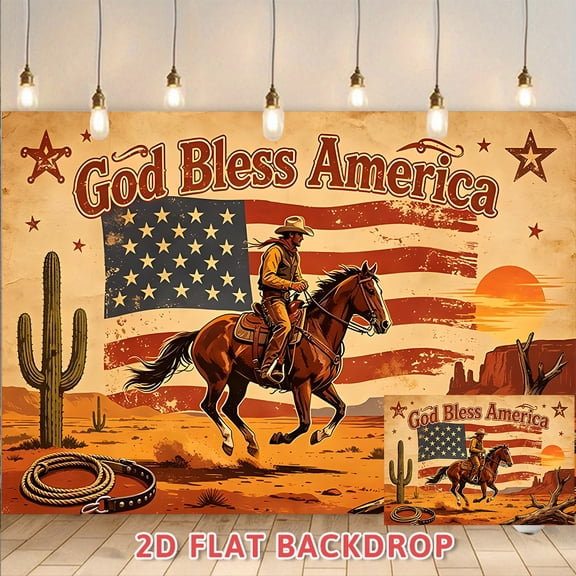 God Bless America Western Cowboy Backdrop, Vintage American Flag Desert Scene Photography Background, Perfect for Independence Day Decorations, Patriotic Themed Parties, Outdoor Events