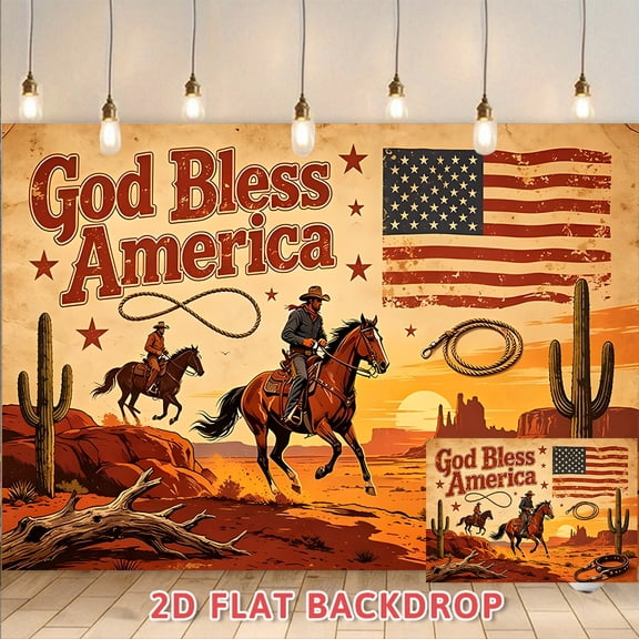 God Bless America Western Cowboy Backdrop, Vintage US Flag Desert Scene Background, Suitable for Fourth of July Decor, Patriotic Party, Western Themed Events, Photography Studio