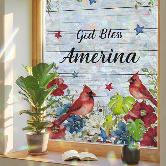 God Bless America Window Privacy Film, Cardinal Bird Floral 4tn of July Wood Grain Stained Glass Rainbow Film Decorative Window Clings, Static Cling Sun Blocking Stickers 17.7" x 39.3"