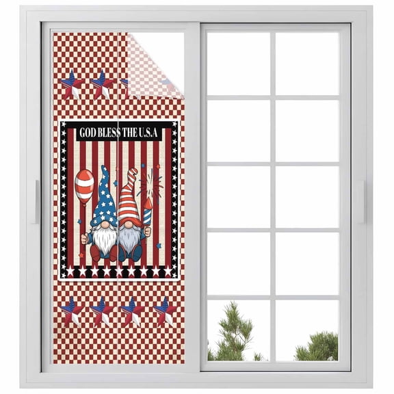 God Bless America Window Privacy Film, Gnomes Red Blue Stripes Stars Country Static Cling UV Sun Blocking Heat Control Window Tint Day and Night, Non-Adhesive One Way Privacy Cover 29.5''x78.7''