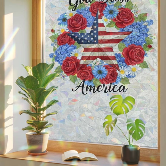 God Bless America Window Privacy Film, Independence Day Retro Five-Pointed Star U. S. Flag Stained Glass Rainbow Film Decorative Window Clings, Static Cling Sun Blocking Stickers 19.6" x 39.3"