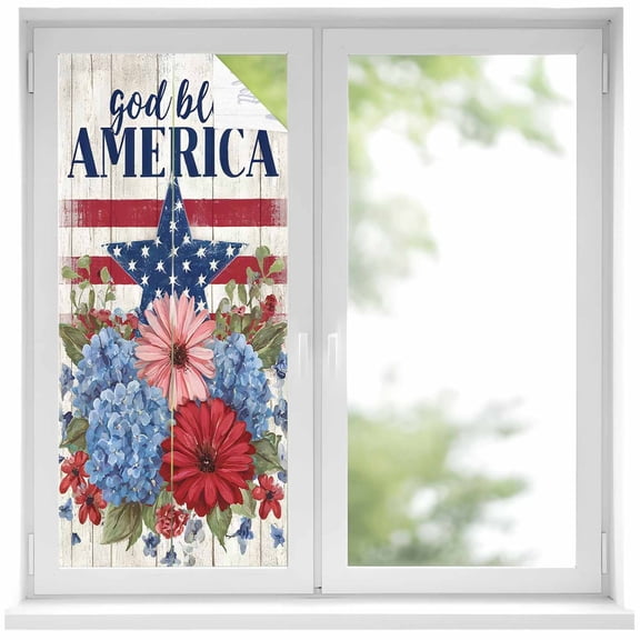 God Bless America Window Privacy Film, U.S. Flag Themed Farmhouse Flower Retro Wood Grain Frosted Glass Window Clings Static Cling UV Heat Blocking Reusable Door Sticker for Bathroom 17.7 x 39.3 Inch