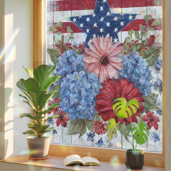 God Bless America Window Privacy Film, U.S. Flag Themed Farmhouse Flower Retro Wood Grain Stained Glass Rainbow Film Decorative Window Clings, Static Cling Sun Blocking Stickers 17.7" x 39.3"