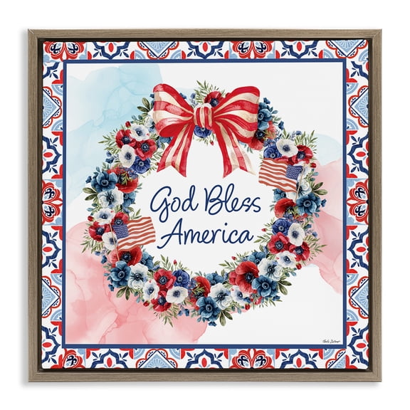 Stupell Industries God Bless America Wreath Brown Framed Floater Canvas Wall Art, design by Nicole DeCamp