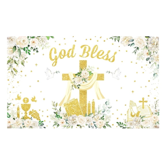 God Bless Backdrop 6x3.6ft First Communion Backdrop Polyester Baptism Banner Cross Leaves White Floral for Christening Party Baby Shower Table Decoration