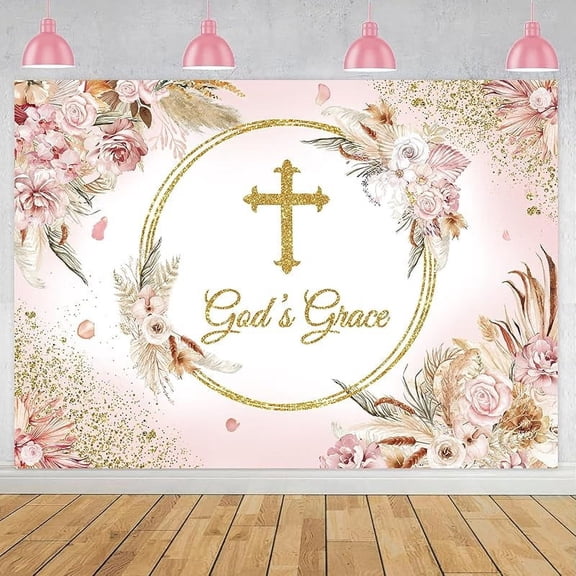 God Bless Backdrop Baptism Backdrop for Girls Baby Shower Party Decorations Pink Boho God's Grace Background First Holy Communion Christening Banner Photoshoot Props