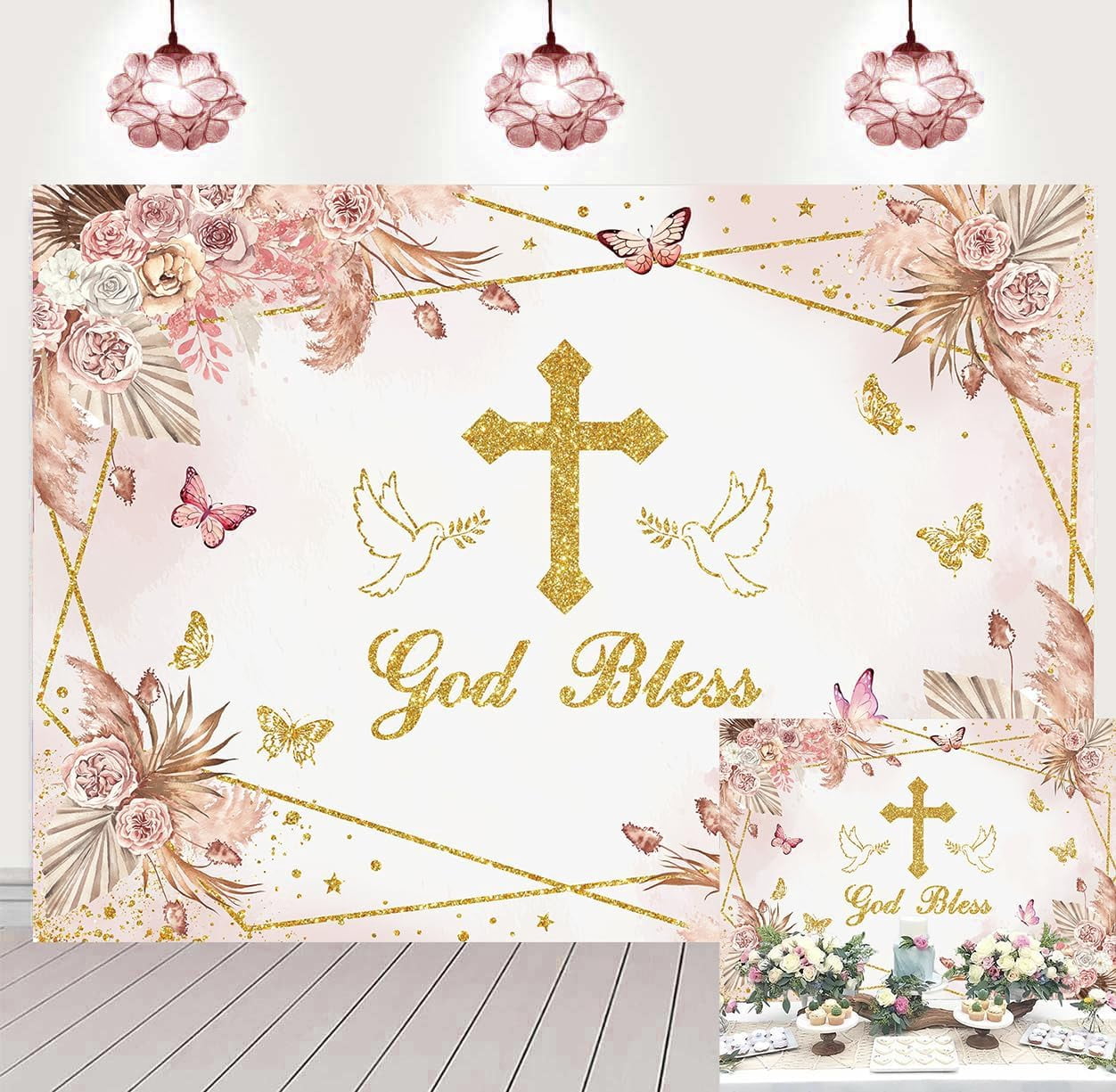God Bless Backdrop Boho Pink Floral Baptism Photography Background ...