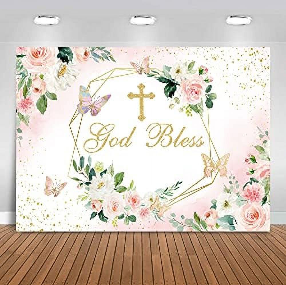 God Bless Backdrop for Girl Baptism Party First Holy Communion