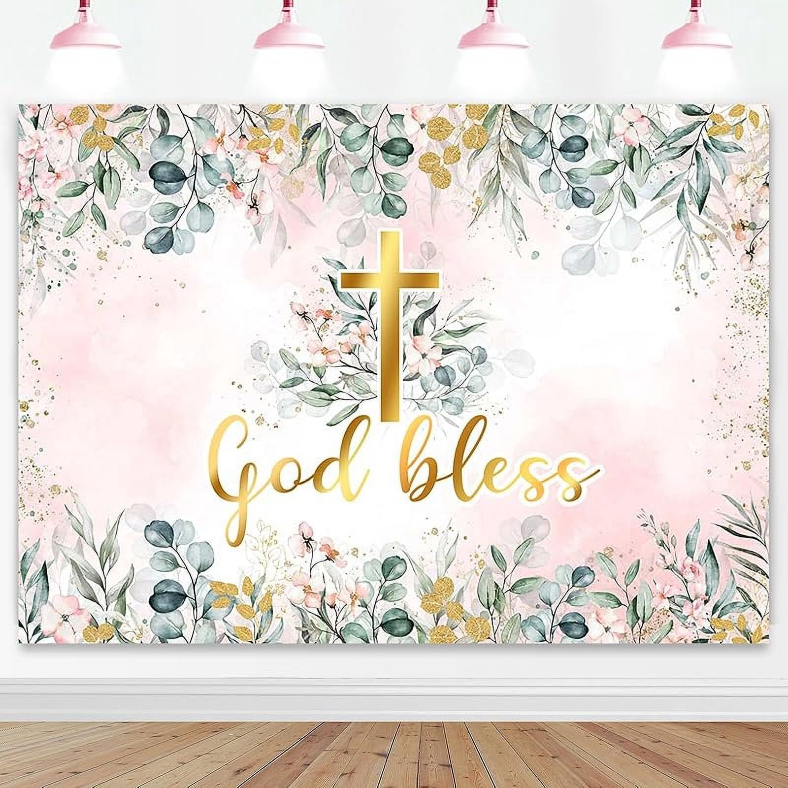God Bless Backdrop Pink Baptism Baby Shower Party Decorations ...