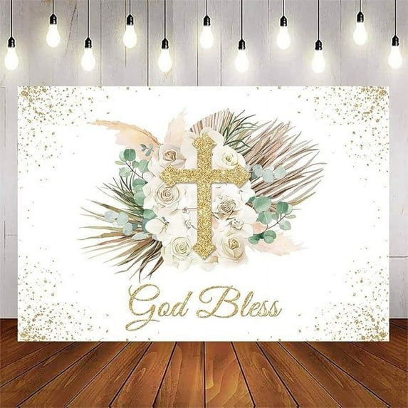 God Bless Backdrop for Girls Boho First Communion Confirmation Baptism Party Background Pink Floral Christening Gold Cross Banner Decorations