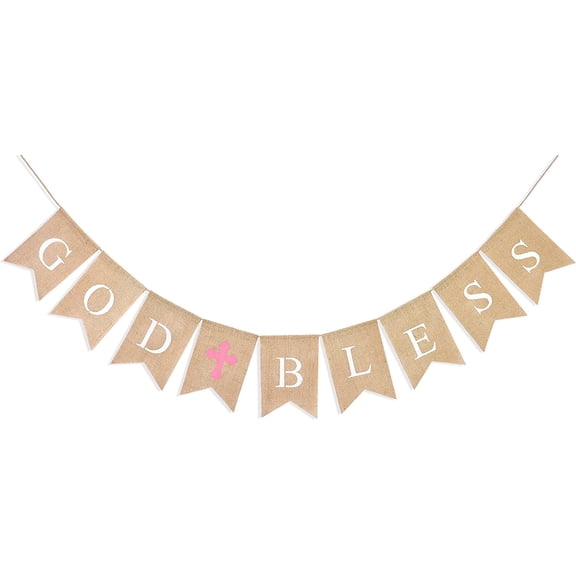 God Bless Banner Baptism Decorations for Girls, Vintage Rustic Burlap Bunting Garland Christening Communion Party Supplies with Pink Cross