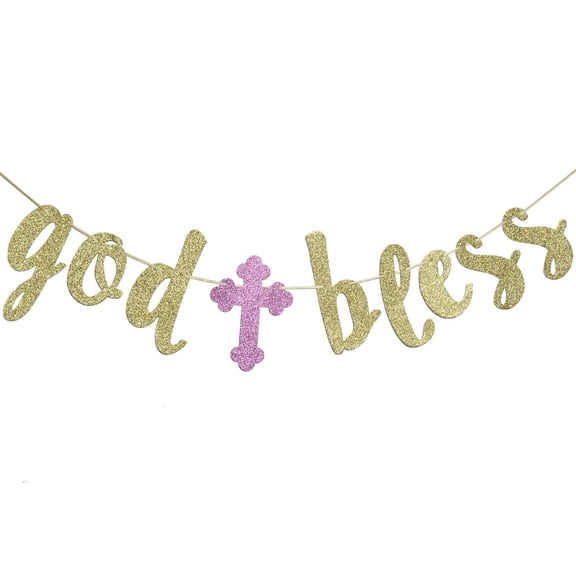 God Bless Banner, Baptism Garland Sign Gold Glitter for First Communion Christening Party Decorations Photo Props