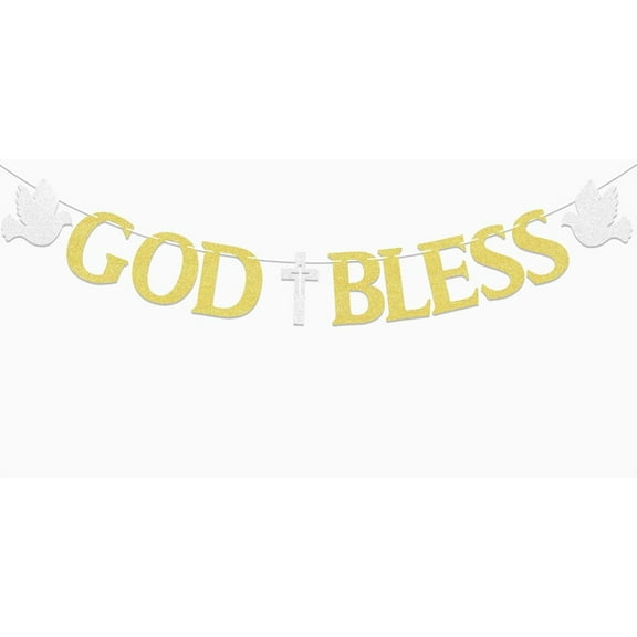 God Bless Banner - Christening Bunting Sign, God Bless On Your Confirmation Decorations, Bless This Child Decor, Baptism First Communion Party Decorations Gold Glitter