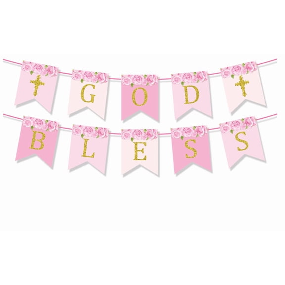 God Bless Banner, Pink and Gold Glitter, Floral Rose Design, Religious Party Decoration