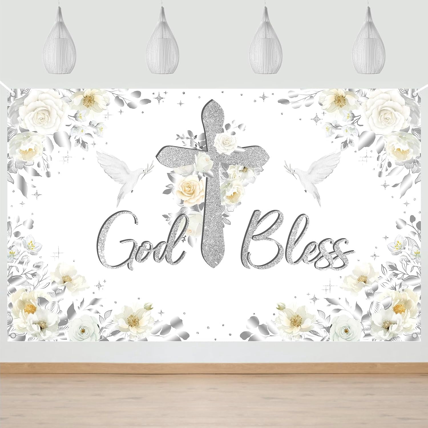 God Bless Banner for Baptism White Floral First Communion Party ...