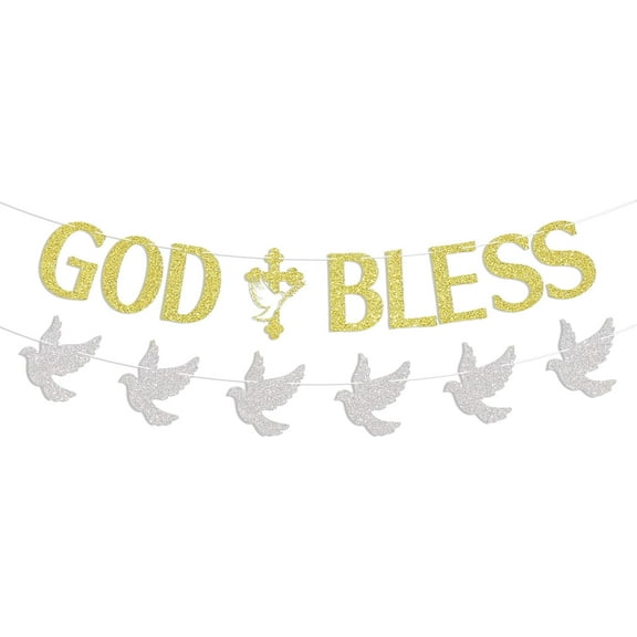 God Bless Banner with Peace Dove Cross Decor, Bless This Child Decor, Religious Banner, Baptism Decor, Christening Decor Gold Glitter