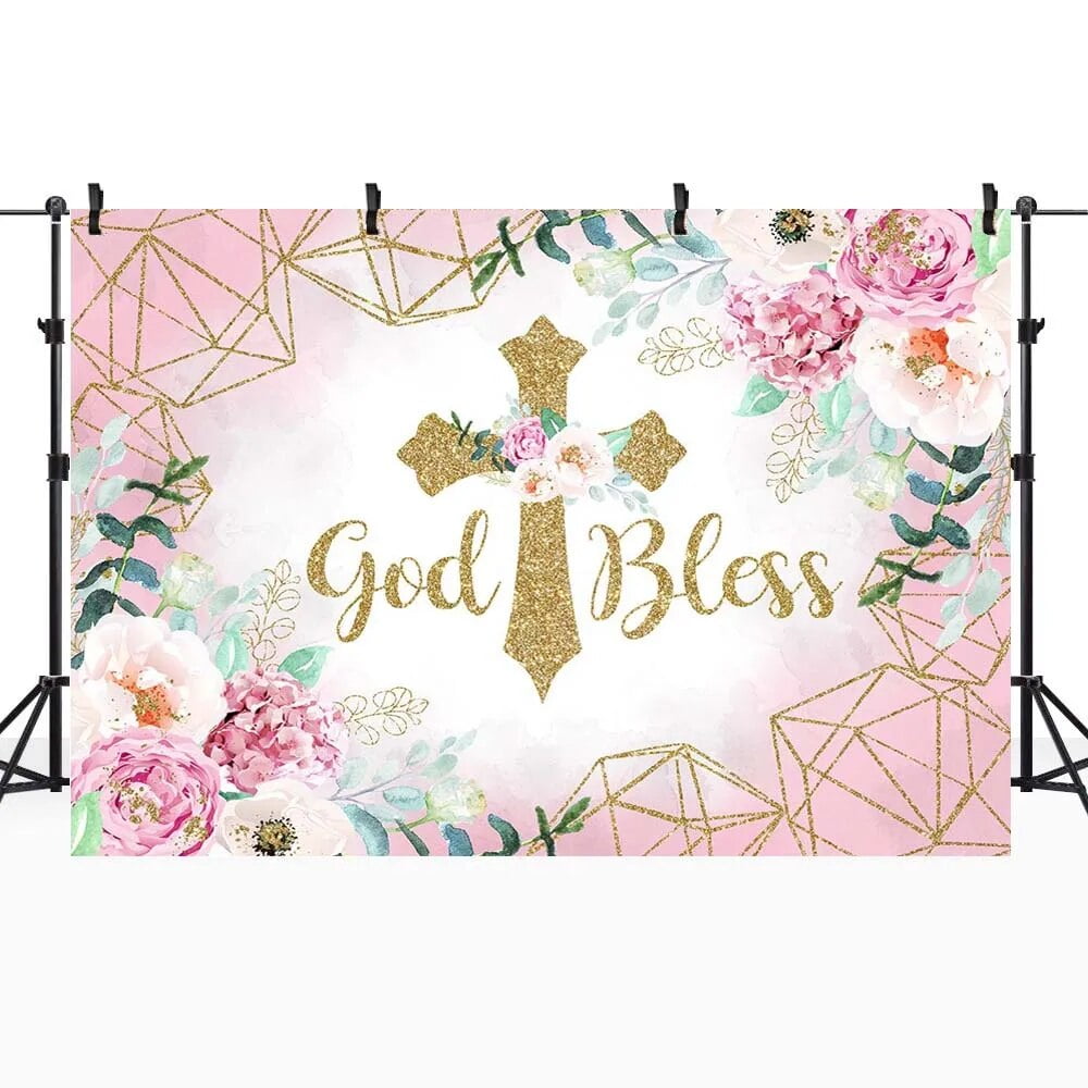 God Bless Baptism Backdrop Baby Christening Cross Flowers Circle ...