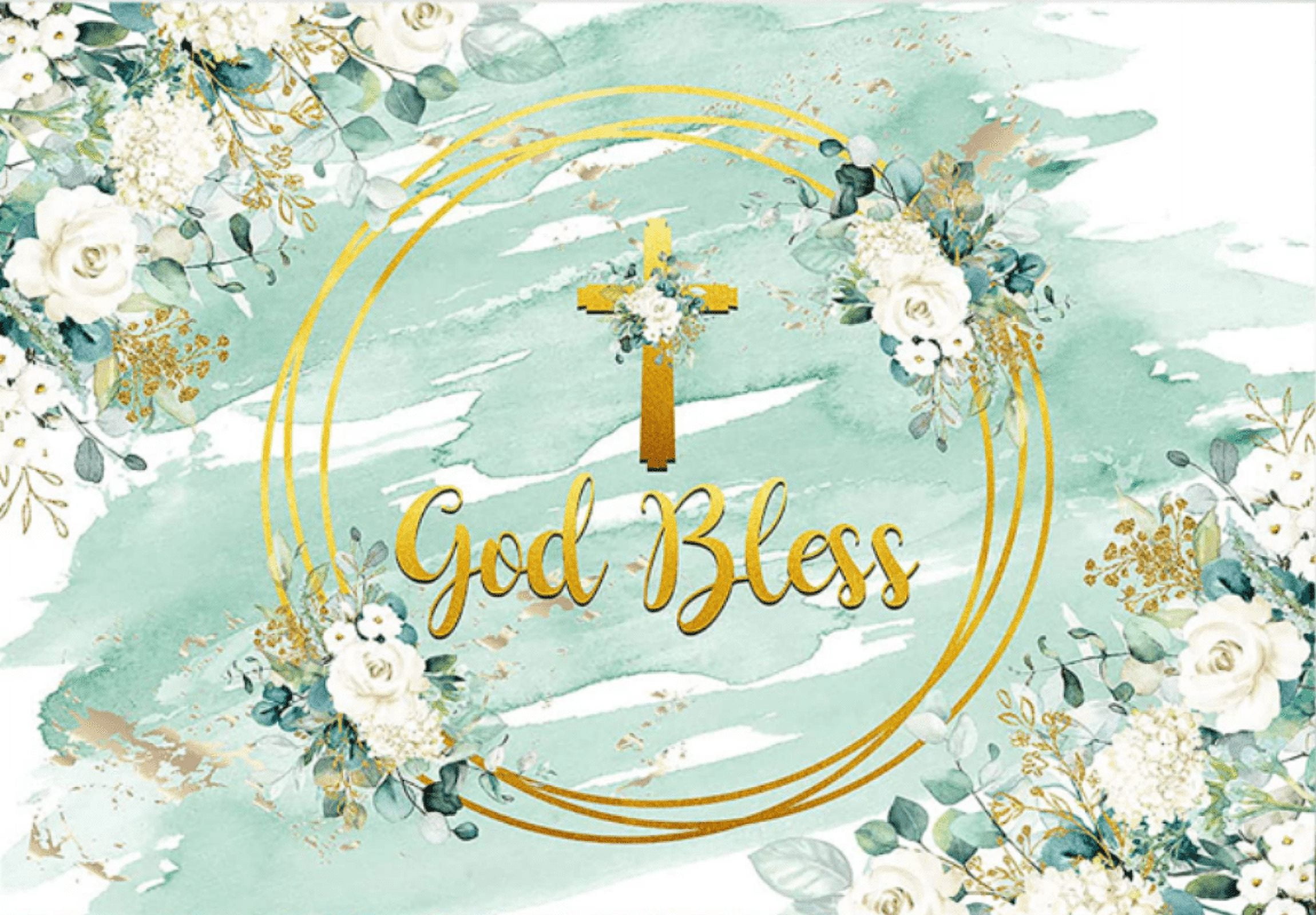 God Bless Baptism Backdrop - 71x43 Inch First Communion Photo Booth Background Decor (White & Green)