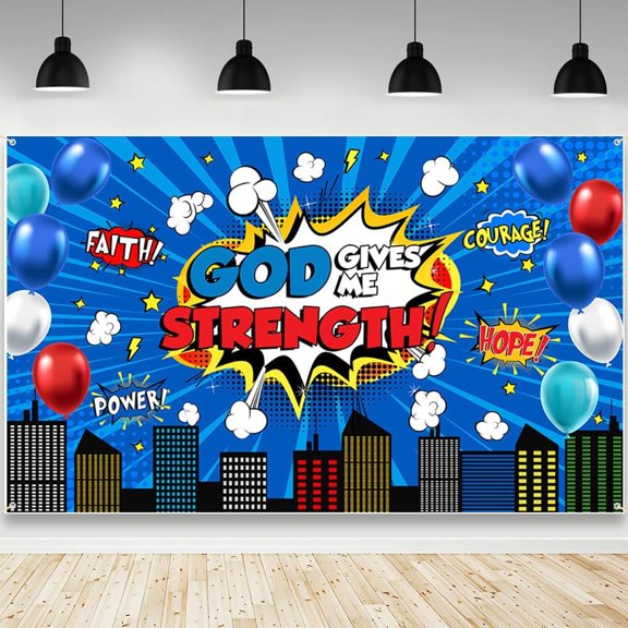 God Bless Baptism Backdrop Blue God Gives Me Strength First Holy Communion Christening Background Baby Shower Party Decoration Banner Photo Booth Props
