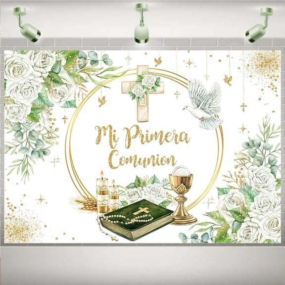 God Bless Baptism Backdrop Green Leaves First Holy Communion Christening Background Religious Bible Church Events Baby Shower Wedding Party Decoration Banner Photo Booth Props
