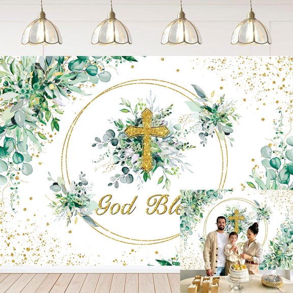 God Bless Baptism Backdrop Greenery Gold Glitter First Holy Communion Christening Background Religious Bible Church Events Baby Shower Party Decoration Banner Photo Booth Props
