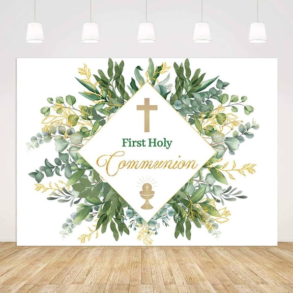 God Bless Baptism Backdrop Greenery Gold Glitter First Holy Communion Christening Background Religious Bible Church Events Baby Shower Party Decoration Banner Photo Booth Props