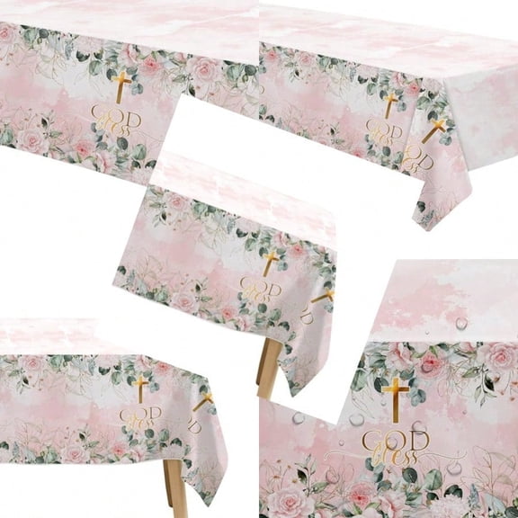 God Bless Baptism Decorations Tablecloth Girls First Communion Decorations Party Table Cover Pink Christening Celebration Shower Religious Table Cloth 3 Pack 54in x 108in