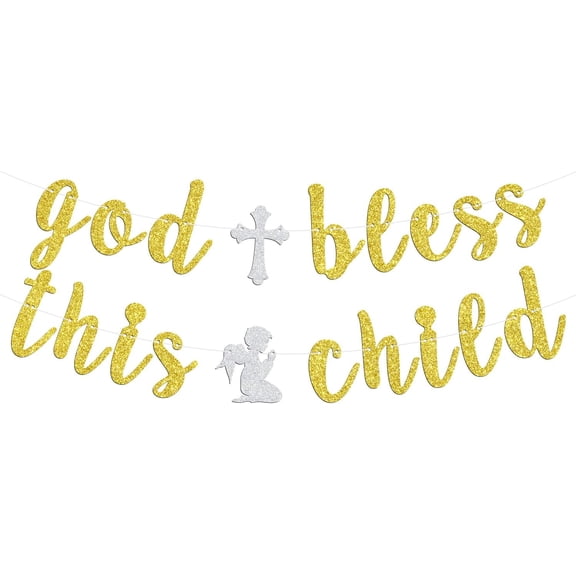 God Bless This Child Banner, Cross Baptism for Kids, First Holy Communion, Blessing on Your Confirmation, Religious Christening Baby's 1st Birthday Baby Shower Party Decorations Supplies