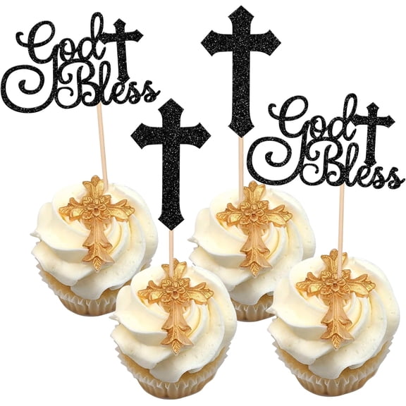 God Bless Cross Cupcake Toppers, Black Glitter Religious Cupcake Picks, 12 Pack, Baptism Christening Party Supplies