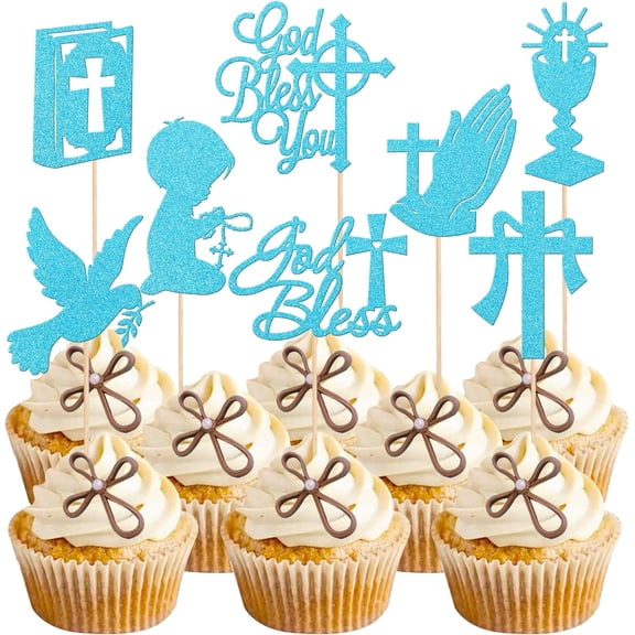 God Bless Cross Cupcake Toppers, Gold Glitter Religious Cupcake Picks, 8 Pack, Baptism Christening Party Supplies