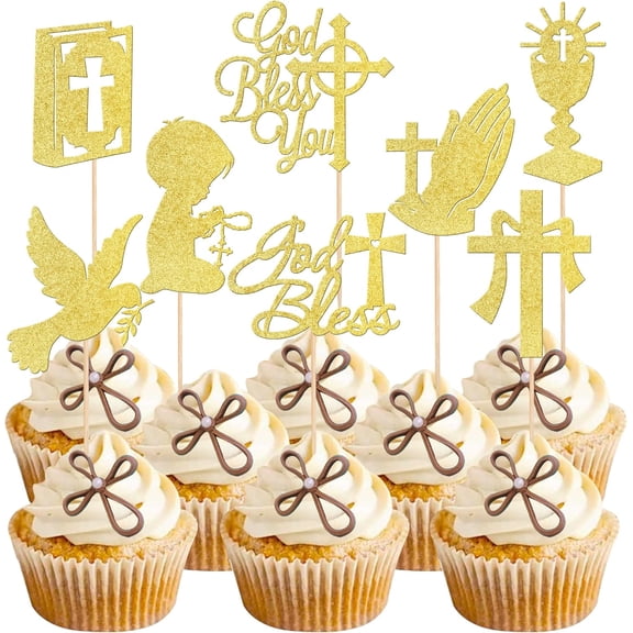 God Bless Cross Cupcake Toppers, Pink Glitter Religious Cupcake Picks, 8 Pack, Baptism Christening Party Supplies