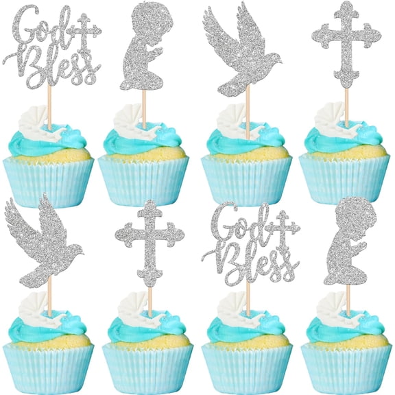 God Bless Glitter Cupcake Toppers, Silver, 12 PCS, Cross, Dove and Praying Boy Picks for Baptism, First Communion Party