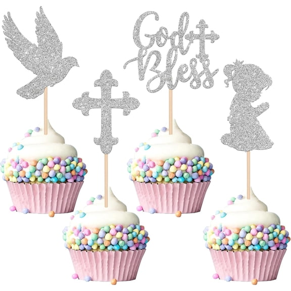 God Bless Glitter Cupcake Toppers, Silver, Cross, Dove and Praying Girl Picks, Baptism and First Communion Party Decorations, 12 PCS