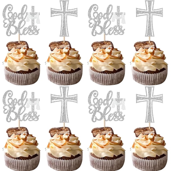 God Bless Glitter Cupcake Toppers with Cross, Silver, 12 Pack, Baptism and First Communion Party Decorations