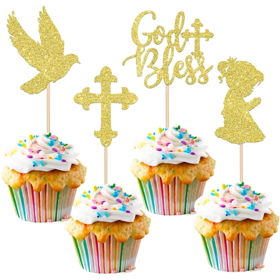 God Bless Glitter Gold Cupcake Toppers, Cross, Dove, Praying Girl Picks, Baptism, First Communion Party Decorations, 12 PCS