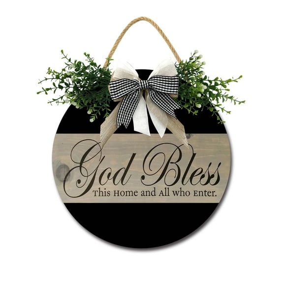 God Bless This Home and All Who Enter Front Door Sign Funny Wreaths Hanging Wooden Plaque Decoration Round Rustic Wood Farmhouse Porch Decor for Home Front Door Decor, 12 x 12 Inch