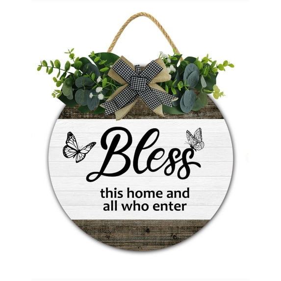 God Bless This Home And All Who Enter Wooden Door Hanger, Farmhouse Door Decorations Wall Hanging, Christian Welcome Sign For Front Door, Jesus Home Decor, Wooden Plaque Wreath 12 Inch