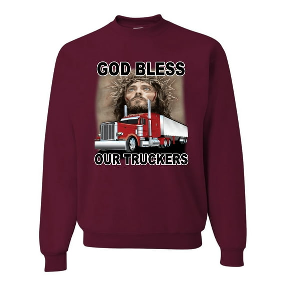 God Bless Our Truckers Inspirational/Christian Unisex Crewneck Graphic Sweatshirt, Maroon, X-Large