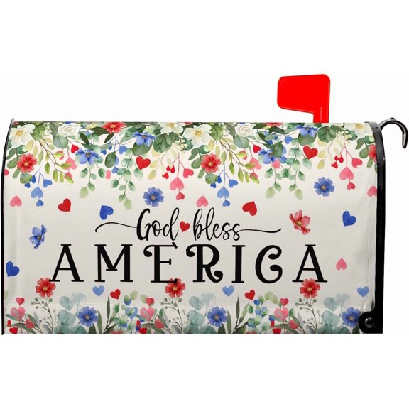God Bless Patriotic Mailbox Covers 4th of July Mailbox Cover Magnetic Standard Size 21x18 in Red and Blue Floral Post Letter Box Cover Wrap Outdoor Decor for Garden Eucalyptus Leaf