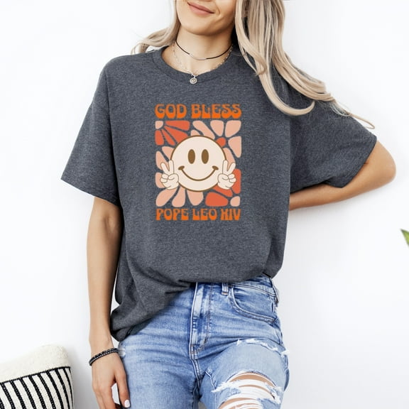 God Bless Pope Leo XIV Church Inspired Faith Message Graphic T-Shirt, for men & women, up to size 5XL