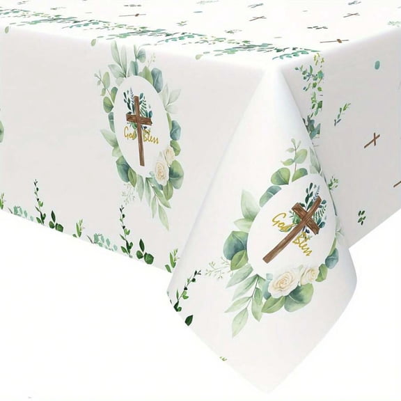 God Bless Tablecloth, Eucalyptus Leaf Cross Religious Tablecloth, Holy Green Waterproof Peach Skin Fabric Tablecloth, Suitable For Baby Shower, Communion Decoration
