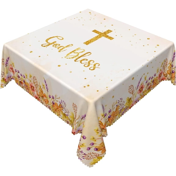 God Bless Tablecloth Square Autumn Floral Cross First Communion Fabric Washable Table Cover for Baby Shower Baptism Party Room Decor
