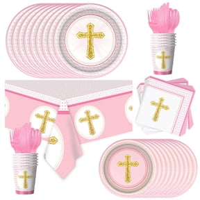 God Bless Tableware Set for First Communion Pink Cross Party Supplies VT1