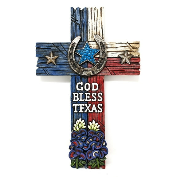 God Bless Texas Faux Wood Cross – Rustic Wall Decor with Horseshoe, Star & Bluebonnets – Spiritual Art for Texas Homes – Great Gift for Texan-Inspired Themes