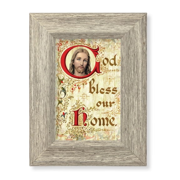 God Bless This Home Picture Framed Wall Art Decor Small, Curved Gray Weathered Oak Finish Frame