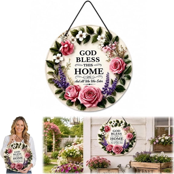 God Bless This Home Sign, Farmhouse Round Floral Welcome Door Plaque, Metal Rose Wreath Wall Art Decor, Christian Front Door Hanger12in