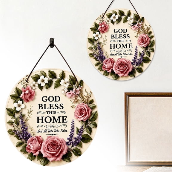 God Bless This Home Sign, Welcome Sign for Front Door, Home Sweet Home Sign, Farmhouse Round Floral Welcome Door Plaque, Christian Front Door Hanger