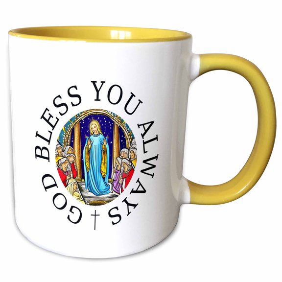 3drose, God Bless You Always Text, Ai Made Image of Mary, People., 15oz Two-tone Yellow Mug