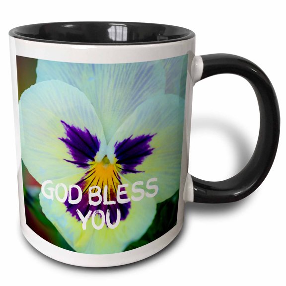 3drose, God Bless You Text over the Nice White and Purple Pansy Flower, 15oz Two-tone Black Mug