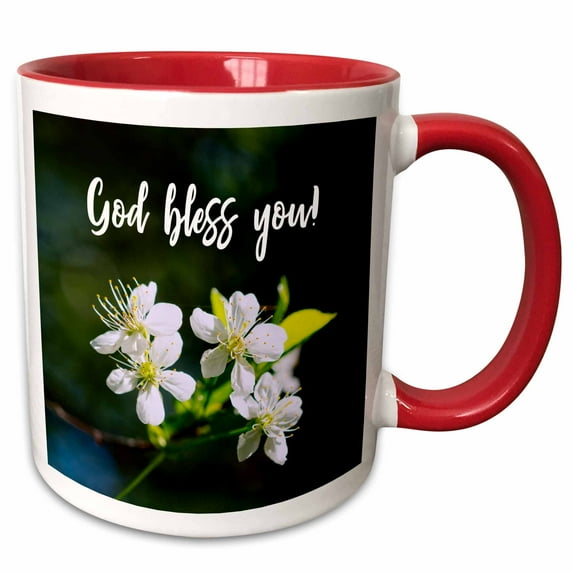 3drose, God Bless You Text Over the White Cherry Blossoms in Spring, 11oz Two-tone Red Mug